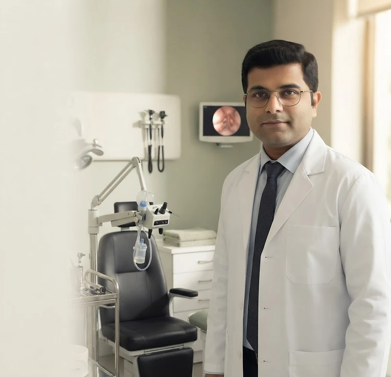 Dr. Jathin Sam Thekkethil, ENT Specialist, at his clinic in Al Zeina, Abu Dhabi