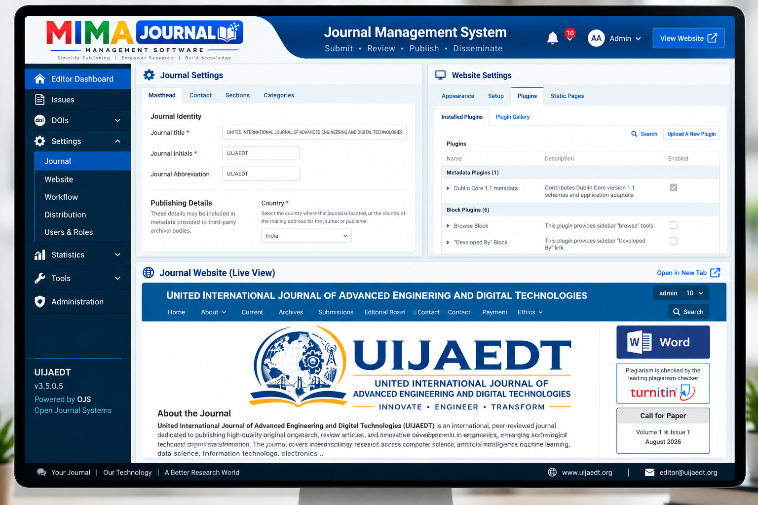 MIMA Journal Management Software dashboard