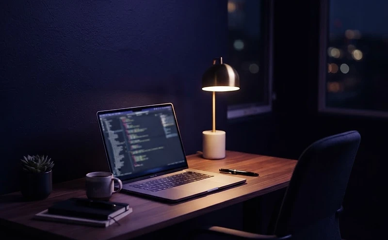A quiet study desk at night with a softly glowing screen and warm lamp light