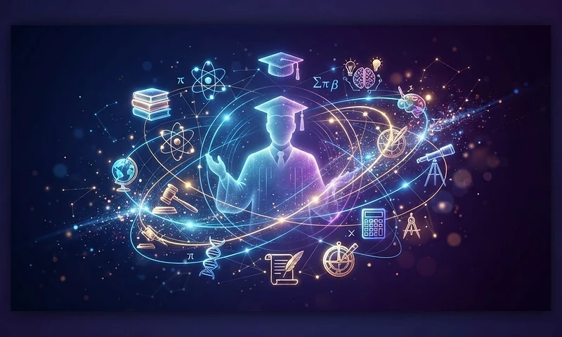 An abstract network of glowing course icons orbiting a holographic professor