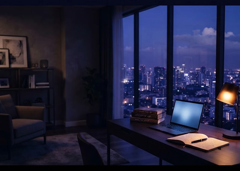 A quiet study desk at dusk with an open notebook and a softly glowing screen against an indigo skyline
