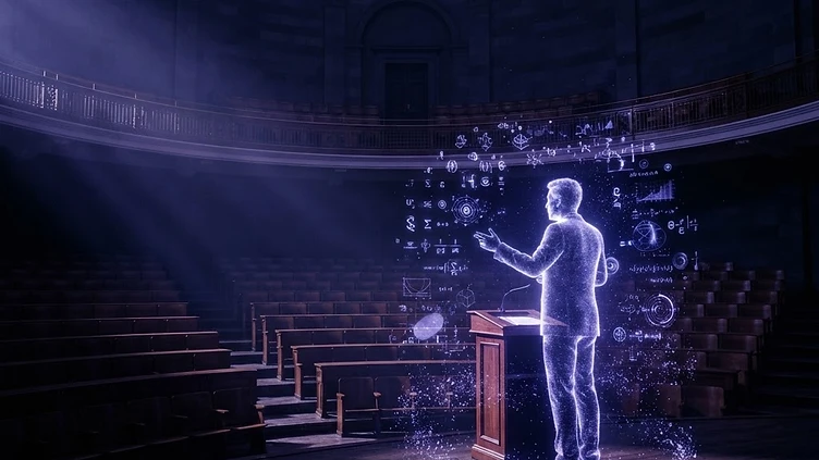 A lecture hall at night with a holographic professor made of light