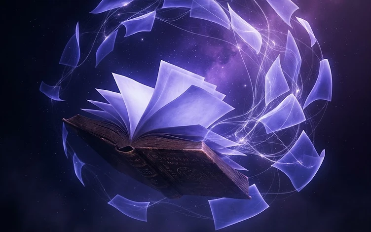 An open book whose pages fan out into floating sheets of light