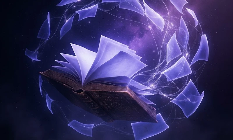 An open book whose pages fan out into floating sheets of light