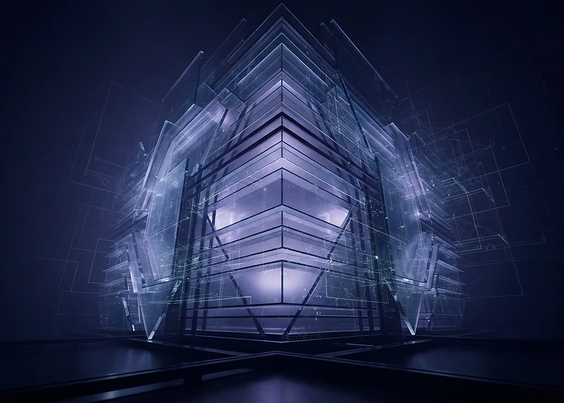 Layered translucent glass panels lit by indigo light on a deep navy backdrop