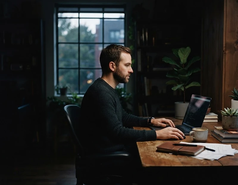 A student studying at a desk beside a window in soft daylight