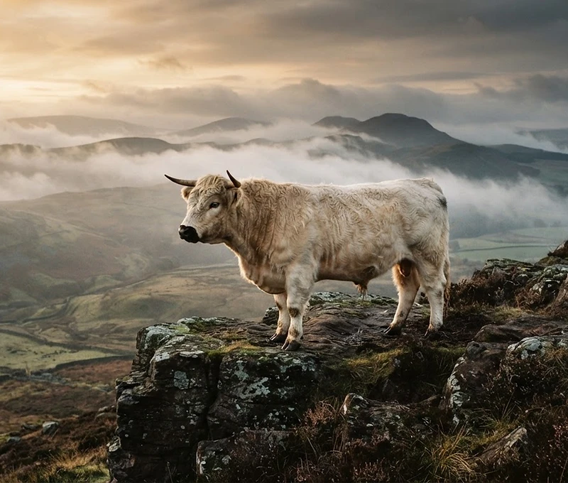 A lone Whitebred Shorthorn bull standing on a rocky outcrop amid rolling mist in the Scottish Borders