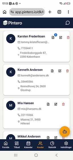Kundestyring – app skærmbillede