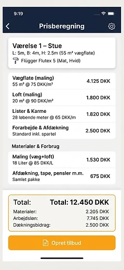 Automatisk prisberegning – app skærmbillede
