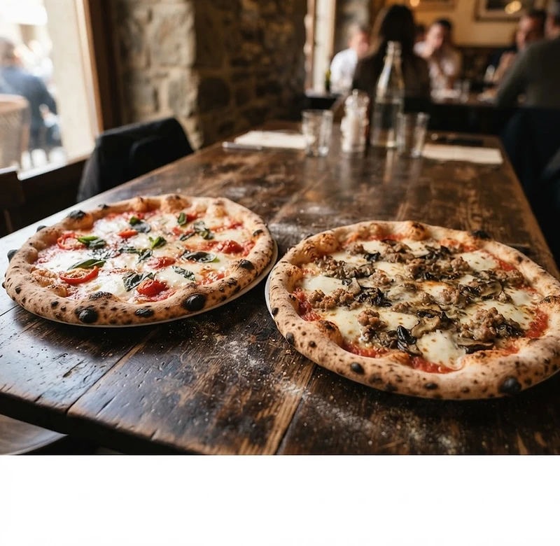 Wood-fired pizzas, illustrative food photography