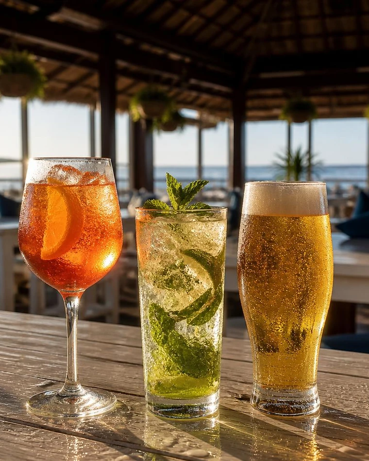 Drinks at an open-air table inside Seafood Lapa, with the Atlantic beyond