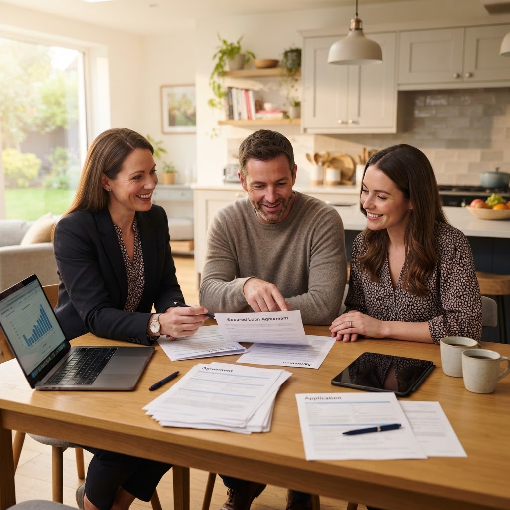 A financial advisor discussing secured loan documents with a homeowner couple