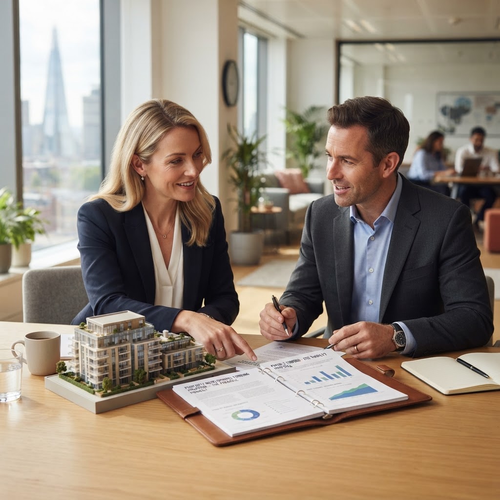 Two finance professionals reviewing a property development funding proposal