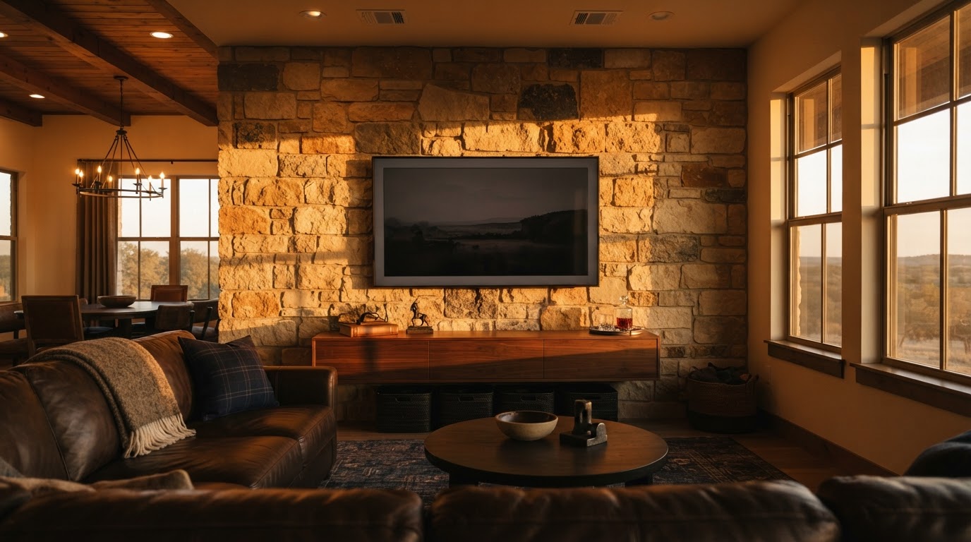 Professionally mounted large TV on a stone accent wall in a Granbury, Texas home