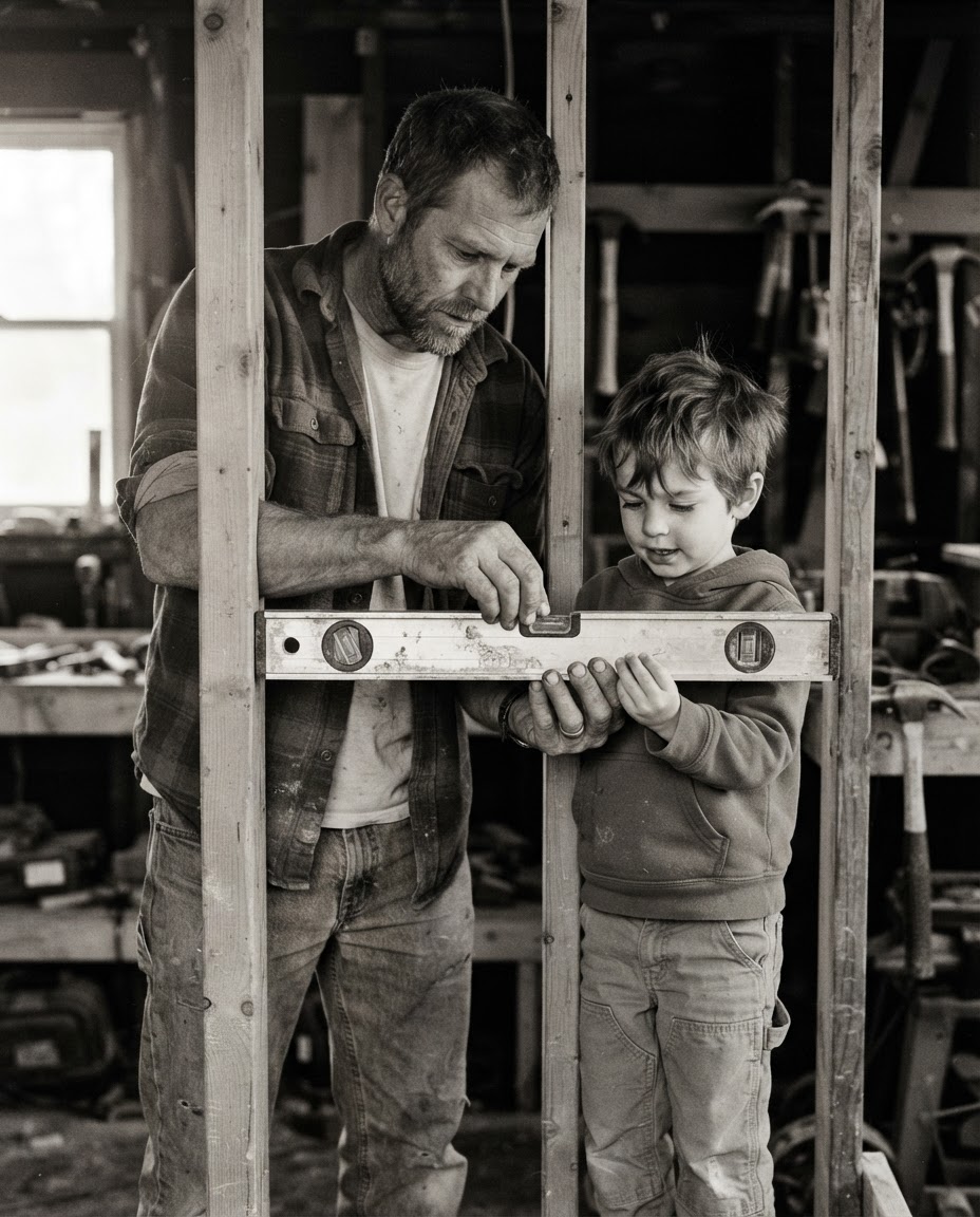 A father and child working together with a carpenter's level — one stud teaching the next