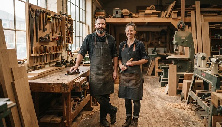 Neil and Liam, owners of LN Carpentry LTD, in their Gloucester workshop
