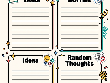 Brain Dump page from the ADHD Brain Hacks planner bundle — a four-quadrant worksheet for Tasks, Worries, Ideas, and Random Thoughts