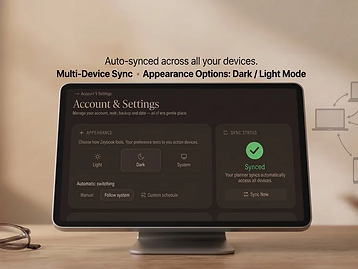 Cozy Daybook interactive digital planner showing account settings, appearance options, and multi-device sync