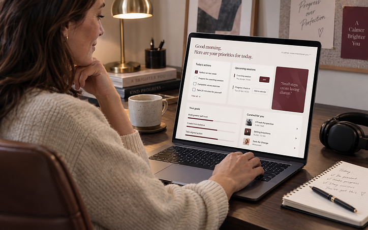 A calm, personalised client workspace displayed on a laptop.