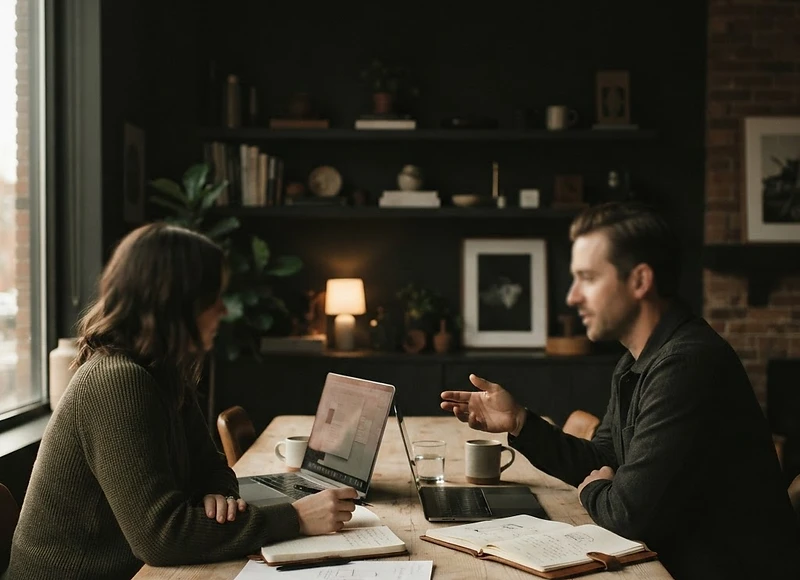 Two people collaborating around a light-wood table in a softly lit professional studio.