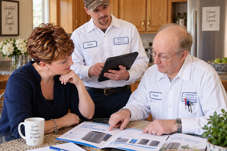 Potts' Heating & Air technicians reviewing system options with a homeowner in Fort Mill, SC