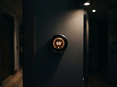 Smart thermostat glowing on a hallway wall