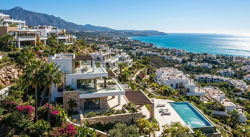 Marbella seafront with contemporary apartment buildings and palms at golden hour