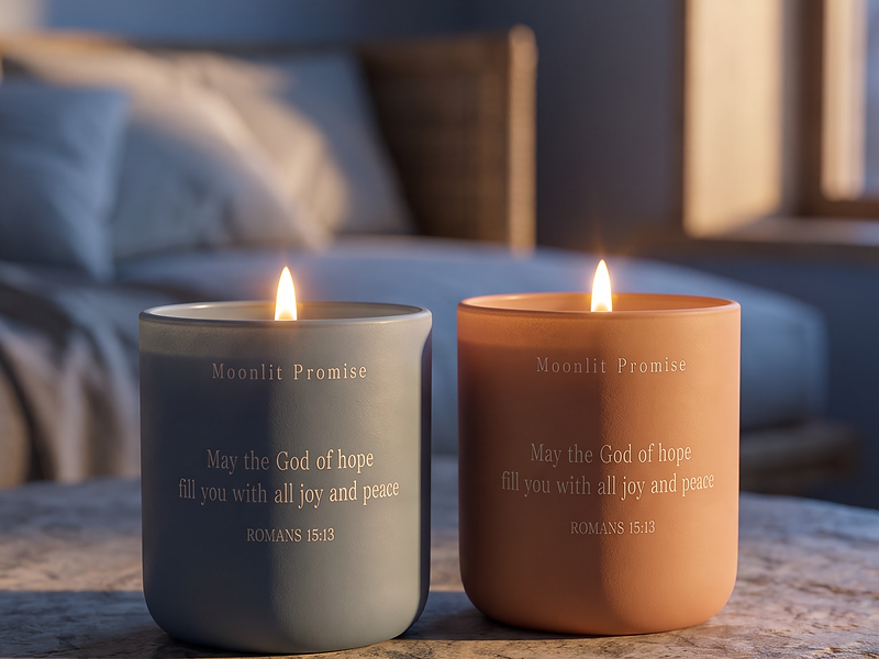 A premium frosted powder-blue candle glowing softly on a travertine surface