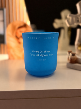 INORI — the first Moonlit Promise candle, a frosted powder-blue vessel