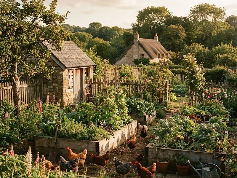 An English country garden with free-range chickens among raised beds