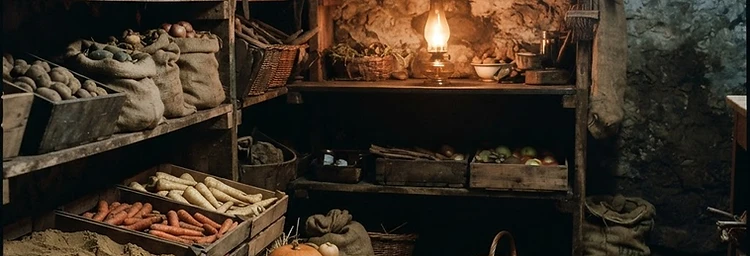 Harvest stores resting in a dark root cellar