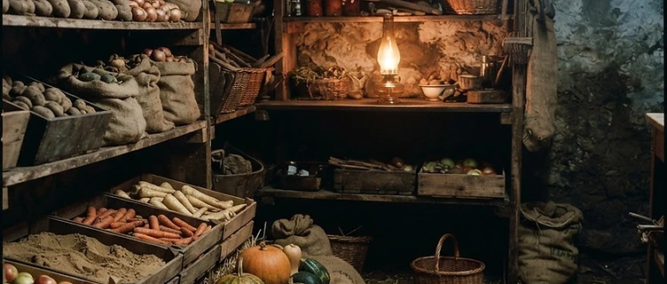 Harvest stores resting in a dark root cellar