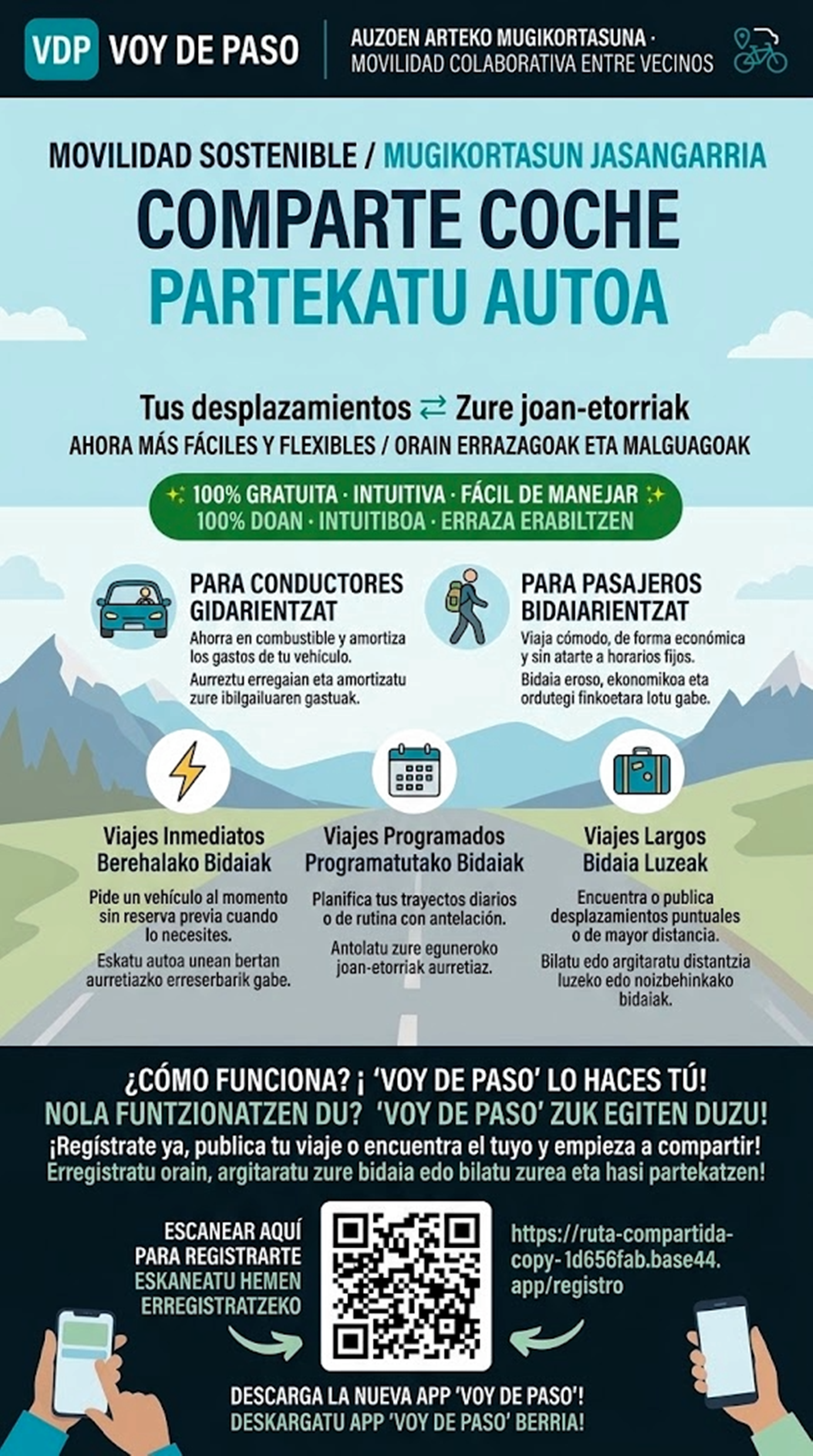 Cartel de Voy De Paso: comparte coche, movilidad colaborativa entre vecinos, con código QR para registrarte