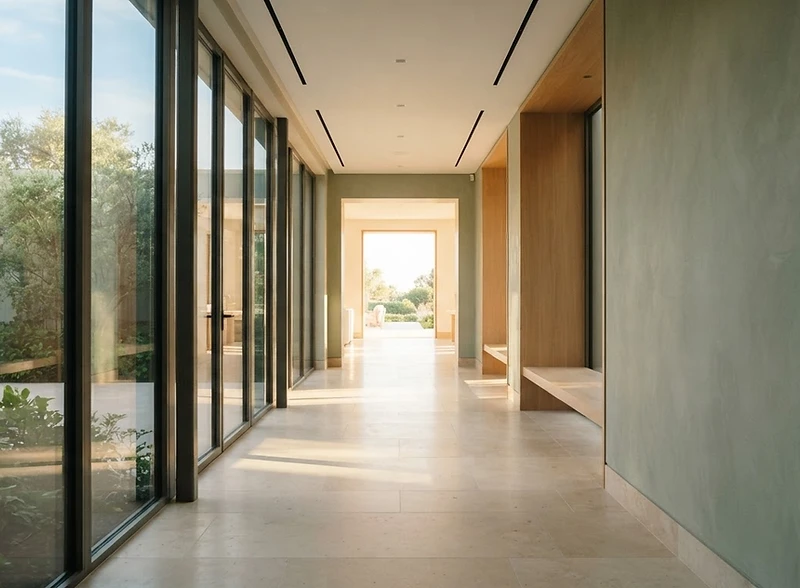 A sunlit architectural corridor leading toward bright light
