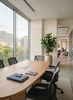 Illustrative, sunlit meeting space with organised work materials