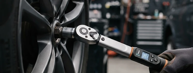 Digital torque wrench on a lug nut