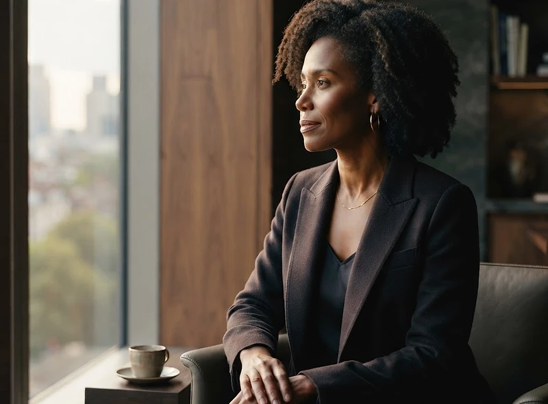 A thoughtful woman leader sits by a window in soft morning light, taking a quiet moment to reflect