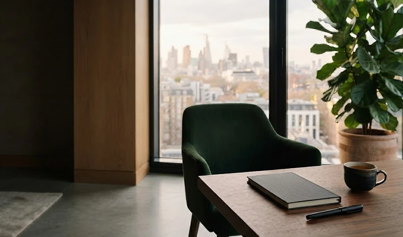 A quiet workspace with a cup and journal beside a window, ready for a meaningful conversation
