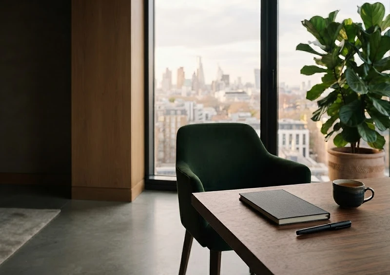 A peaceful consultation space with a journal and cup by a window, inviting a thoughtful conversation