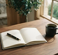 A blank journal and tea on a calm desk invite a reflective pause