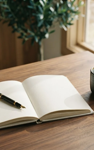 A journal and pen on a warm desk, making room for reflection