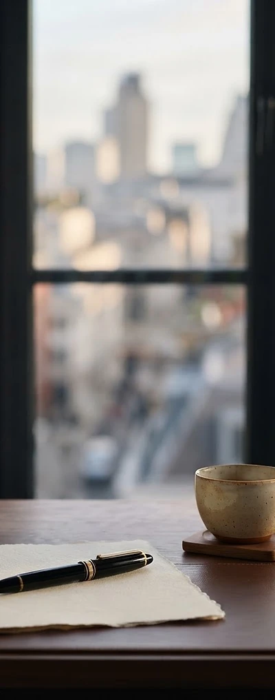 A tranquil desk with books, a pen and a plant in warm morning light, offering space to pause