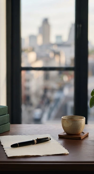 A peaceful desk with books and greenery by the window, inviting clear thought