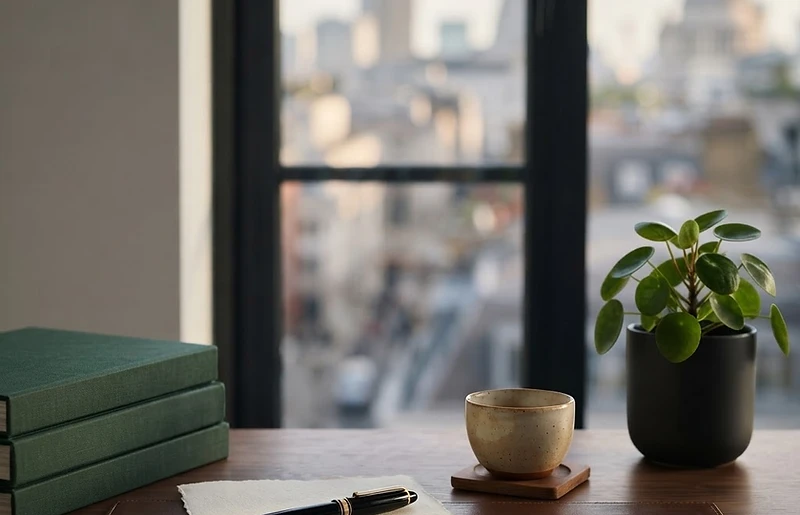 A thoughtfully arranged quiet workspace in gentle light, creating space for perspective