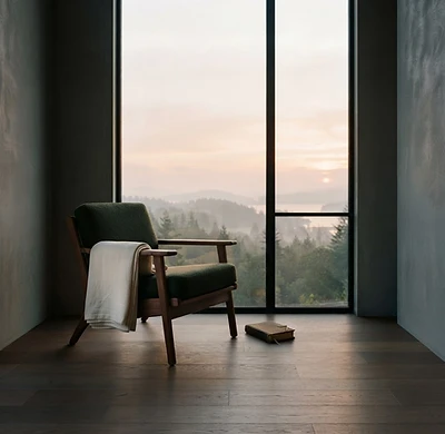 A serene chair facing a sunrise window offers a quiet place to pause and think