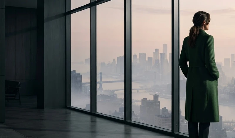 A woman leader pauses at a vast window overlooking the morning city, finding perspective in a quiet moment