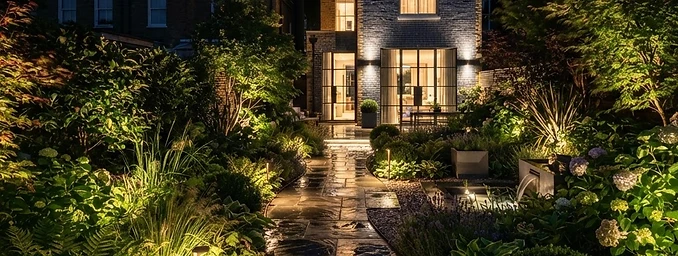 Stone garden path in London lit with low-level LED path lights by Cutting Hedge