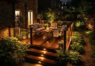 London garden hardwood deck with recessed LED step lighting at night