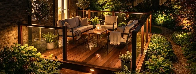 London garden hardwood deck with recessed LED step lighting by Cutting Hedge