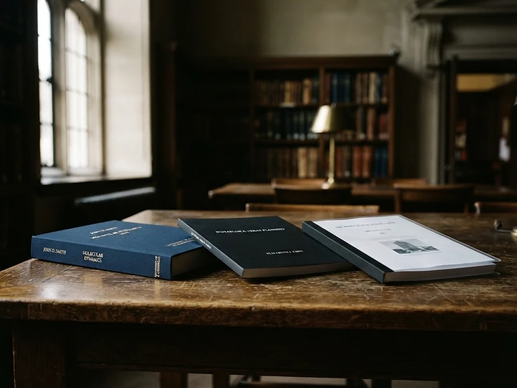 Three thesis bindings on a dark oak table